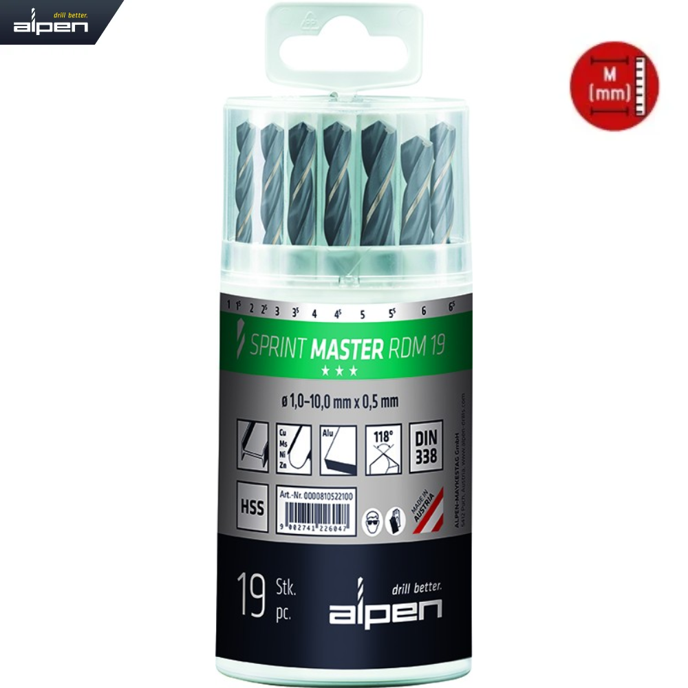 ALPEN ‘Sprint Master’ HSS Jobber Drill 19 Piece Set – Metric