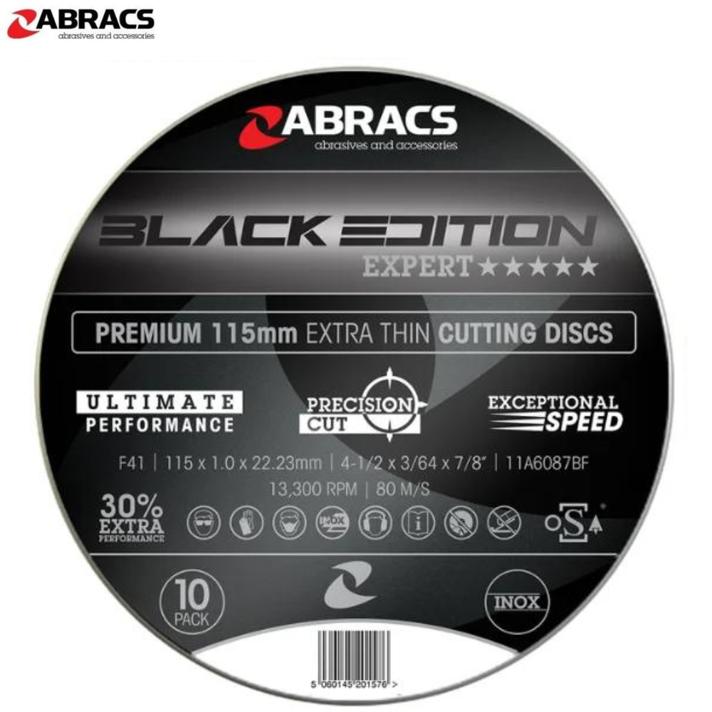 ABRACS Black Edition – Extra Thin Flat Cutting Discs 115mm x 1.0mm – 10 Pack
