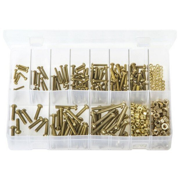 Assorted Box Machine Screws with Nuts, Round Head, Slotted – 2BA, 4BA, 6BA – 410 Pieces