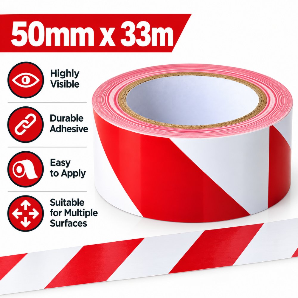 Red and white hazard warning tape 50mm x 33m product features