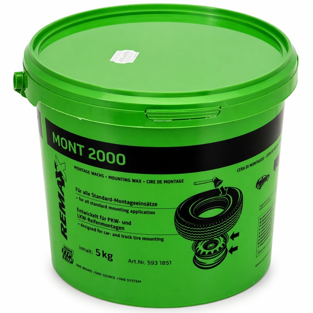 REMA TIP TOP MONT 2000 Bead Lubricant 5kg white tyre soap in a container, designed for easy and safe tyre mounting on cars and trucks, protecting rims and beads.