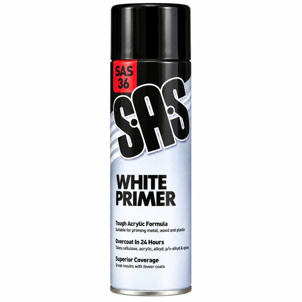 SAS White Acrylic Primer Spray – Metal, Wood & Plastic – 500ml (Pack of 6)