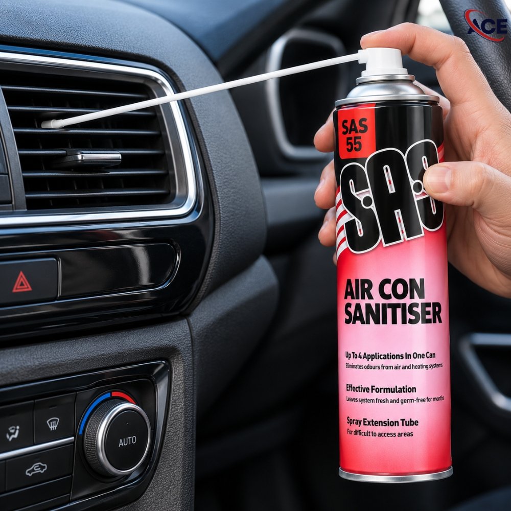 SAS Air Con Sanitiser 500ml Applied to Vehicle Air Vent