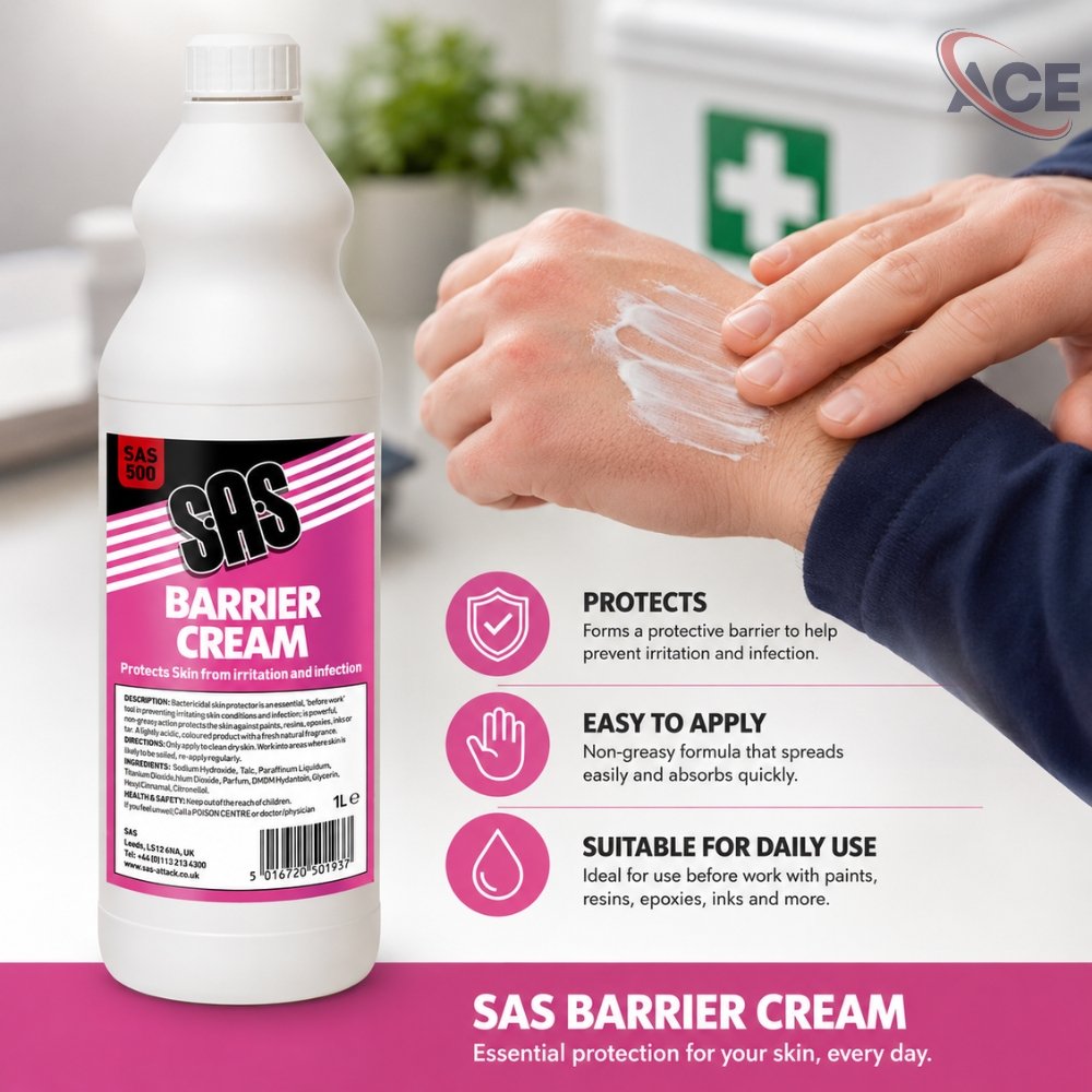 SAS Barrier Cream 1 Litre being applied to hands to create a protective barrier against workplace irritants and contaminants