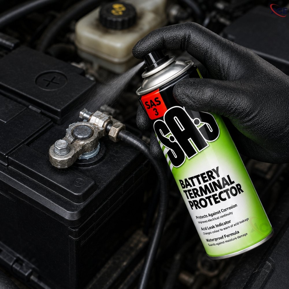 SAS Battery Terminal Protector Spray being applied to battery terminals to prevent corrosion and improve electrical connections