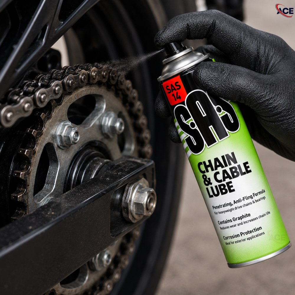 SAS Chain & Cable Lube 500ml being applied to a motorcycle drive chain for lubrication and corrosion protection