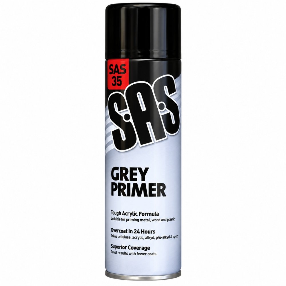 SAS Grey Acrylic Primer Spray – Metal, Wood & Plastic – 500ml (Pack of 6)