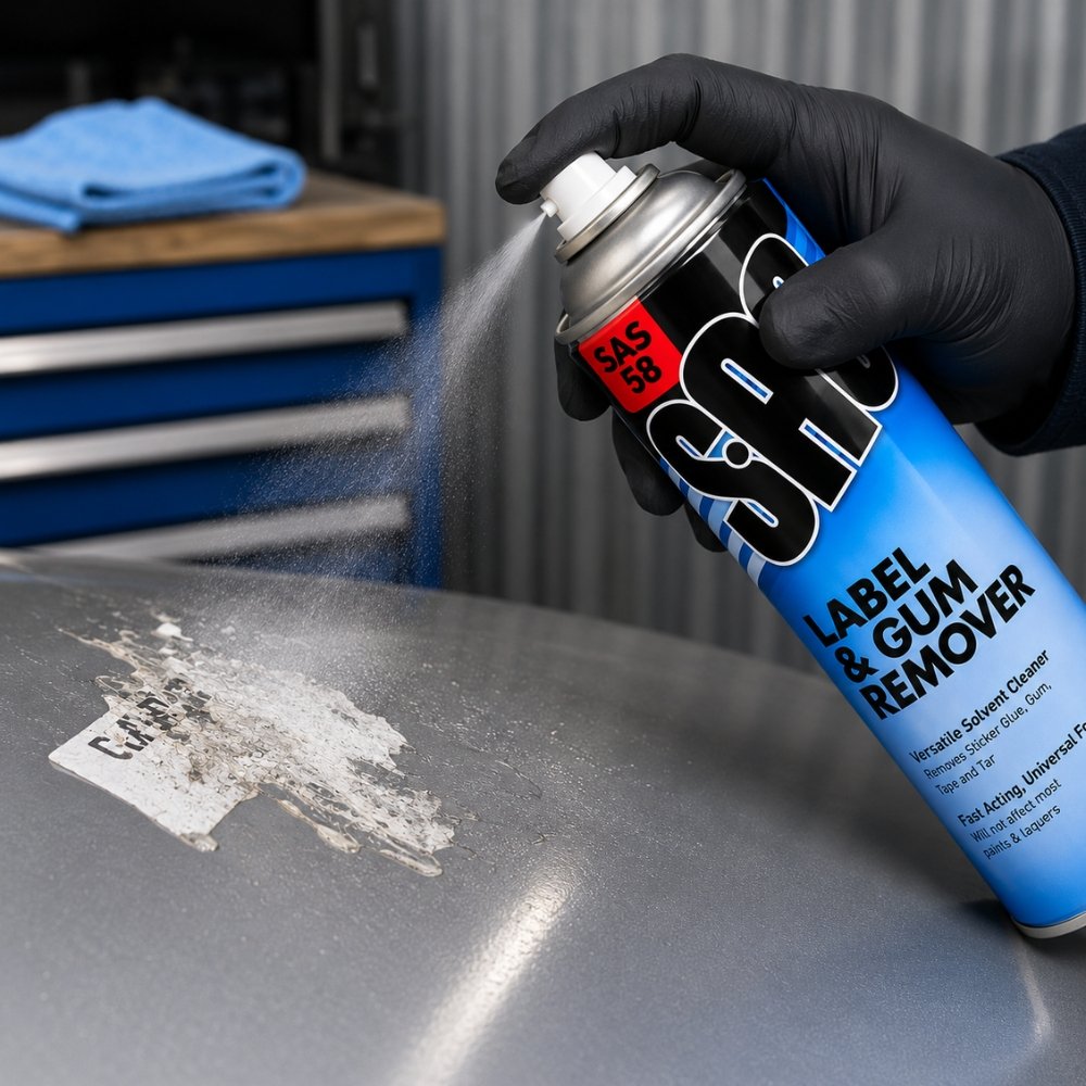 SAS Label & Gum Remover 500ml being sprayed onto a label to remove adhesive residue quickly and safely