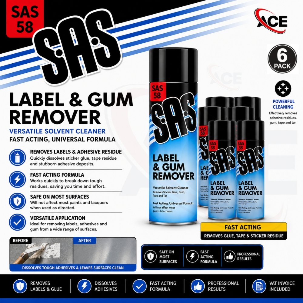 SAS Label & Gum Remover 500ml – Fast acting solvent cleaner that removes sticker glue, adhesive residue, gum, tape and tar without affecting most paints and lacquers.