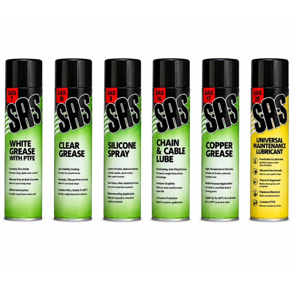 SAS Lubricant Aerosols Assorted 6 x 500ml pack containing six professional workshop lubricant aerosols