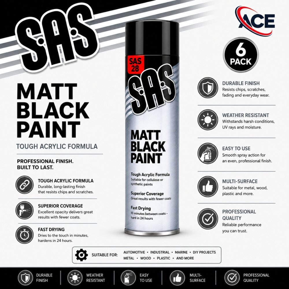 SAS Matt Black Paint 500ml 6 Pack – Tough acrylic spray paint with fast drying formula, superior coverage and weather resistant finish