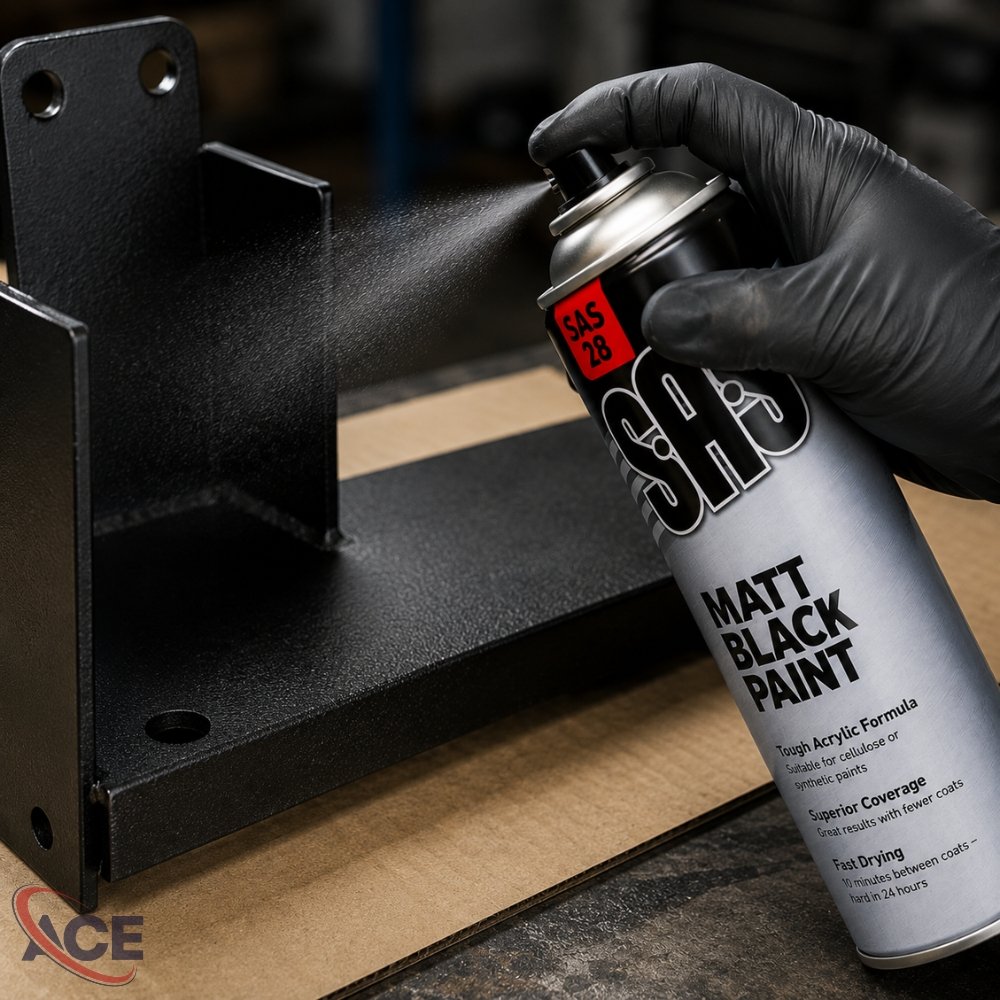 SAS Matt Black Paint 500ml being applied to a metal surface to create a durable professional matt black finish