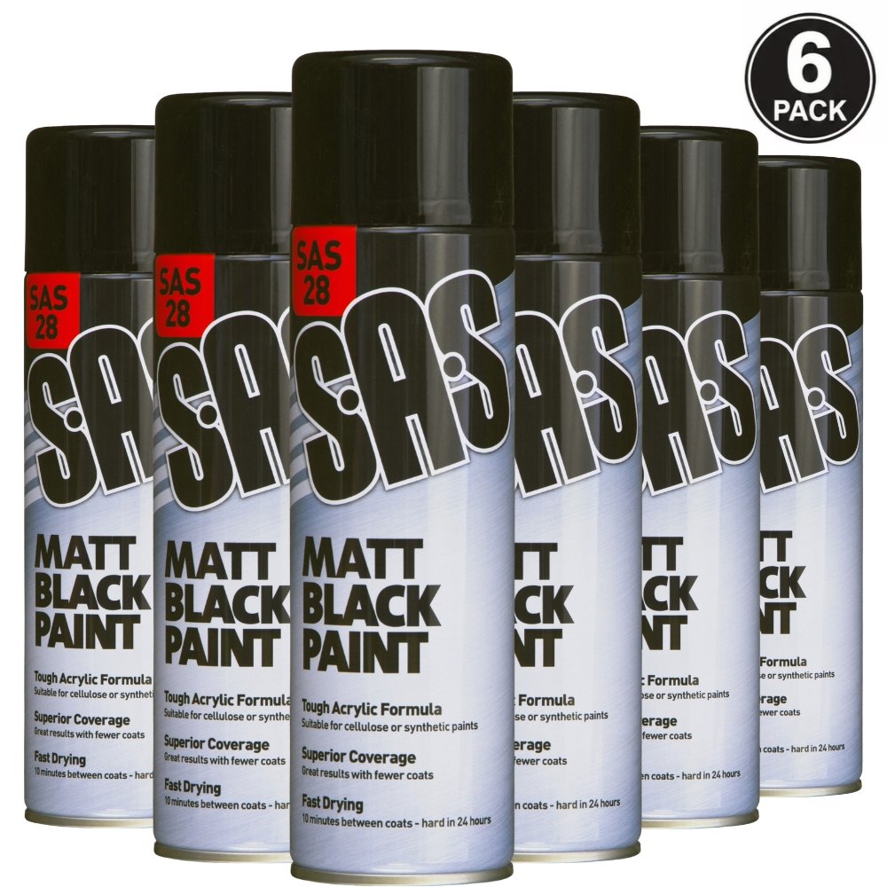 SAS Matt Black Paint 500ml 6 Pack – Professional acrylic spray paint aerosols for durable matt black finishes on metal, wood and plastic