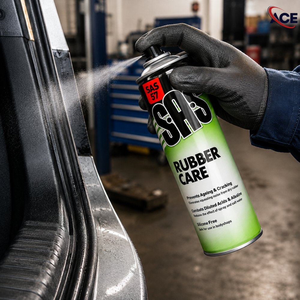 SAS Rubber Care Spray 500ml being applied to a vehicle door seal to protect and condition rubber
