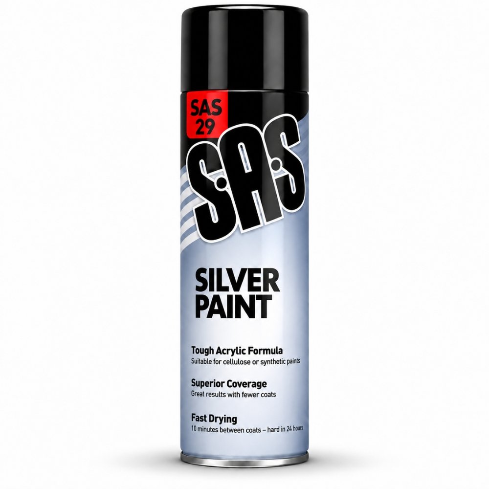 SAS Silver Spray Paint – Tough Acrylic Finish – 500ml (Pack of 6)