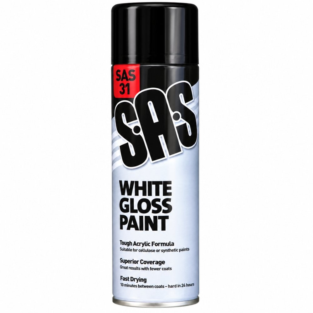SAS White Gloss Spray Paint – Tough Acrylic Finish – 500ml (Pack of 6)