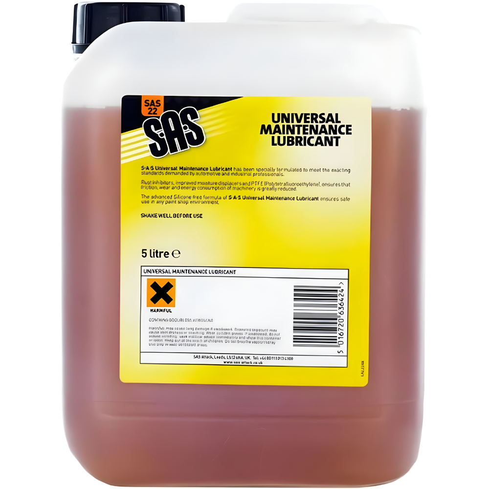 sas-universal-maintenance-lubricant-5l-bottle-back Rear view of SAS Universal Maintenance Lubricant 5 litre bottle by S.A.S showing full packaging, label, and key benefits for automotive and industrial use