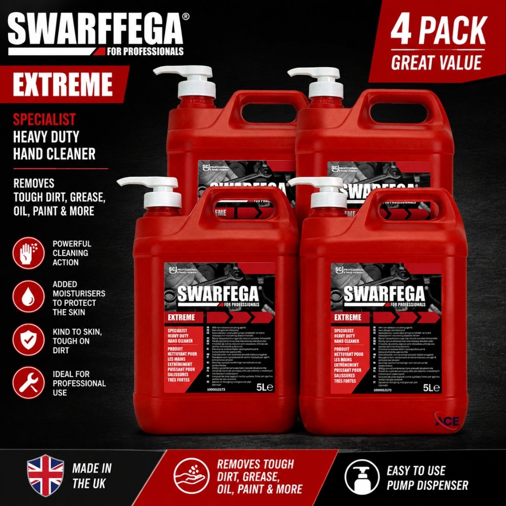 SWARFEGA Extreme Heavy Duty Hand Cleaner 5L highlighting deep cleaning action, skin conditioning and solvent free formula