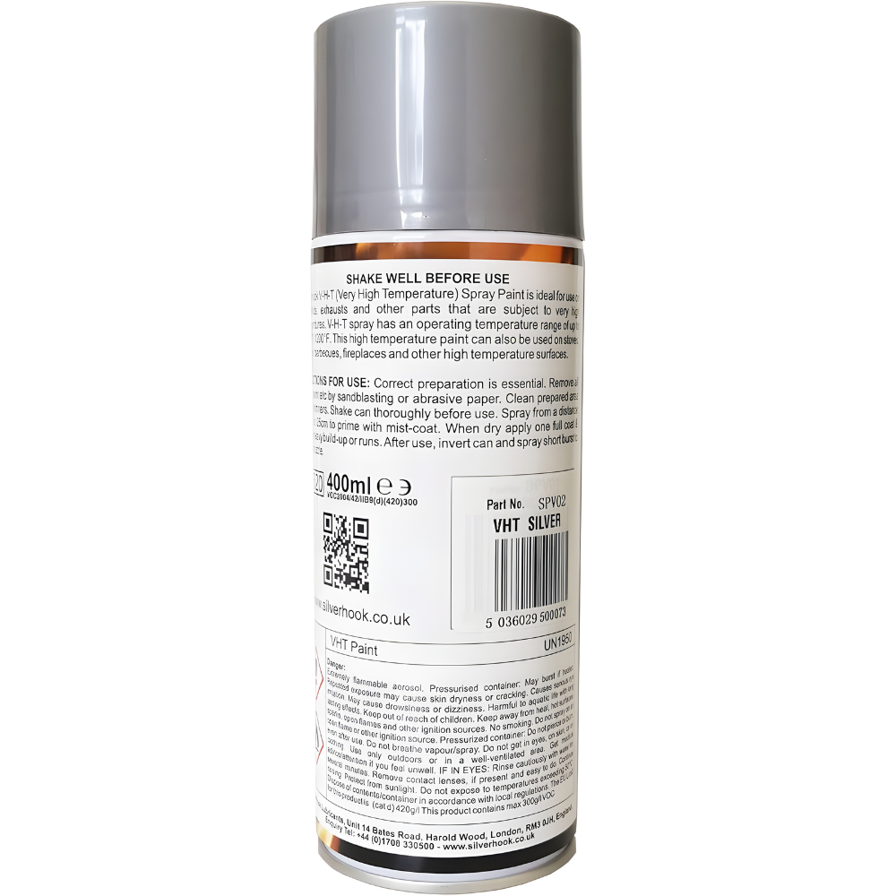 Silver VHT Paint 400ml heat resistant spray can for automotive and industrial use, providing up to 600°C protection on exhausts, stoves, and high-temperature surfaces