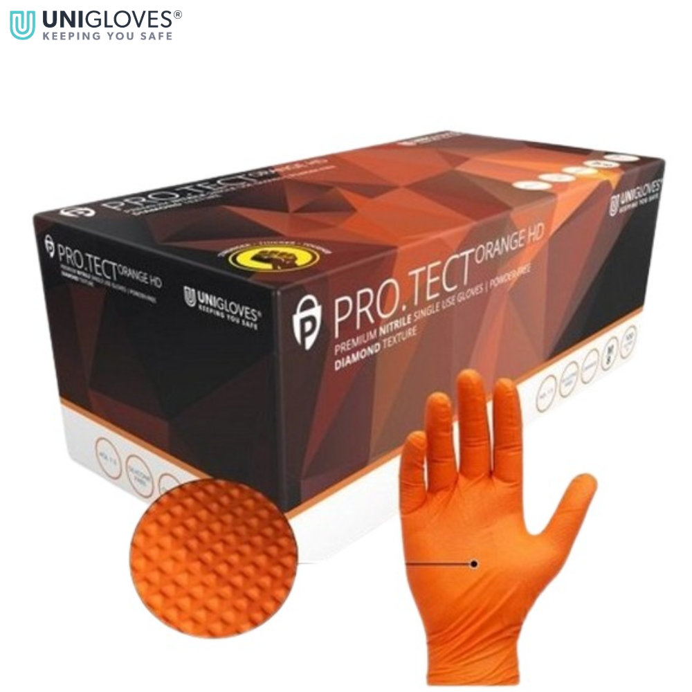 UNIGLOVES PRO.TECT Orange Powder Free HD Diamond Grip – Heavy Duty Disposable Nitrile Gloves