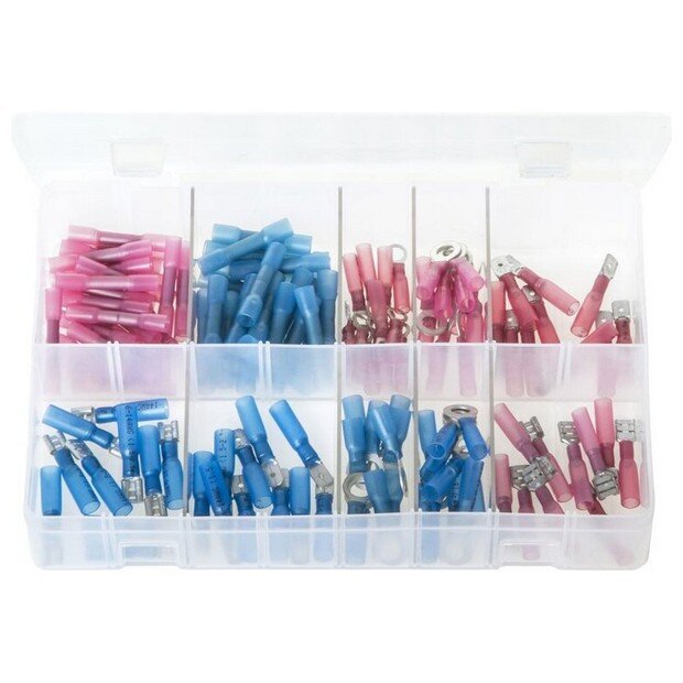 Assorted Box Heat Shrink Terminals, Adhesive Lined – Red & Blue – 130 Pieces