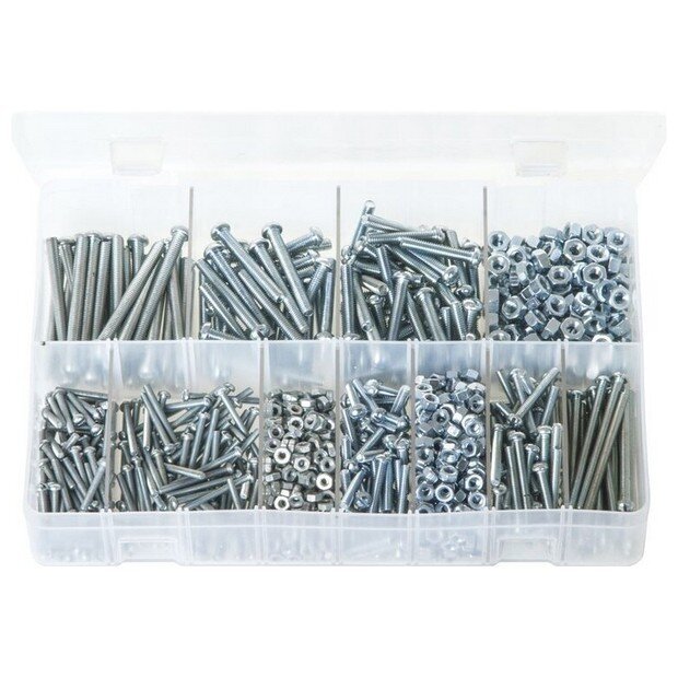 Assorted Box Machine Screws with Nuts, Round Head, Slotted – 2BA, 4BA, 6BA – 1,025 Pieces