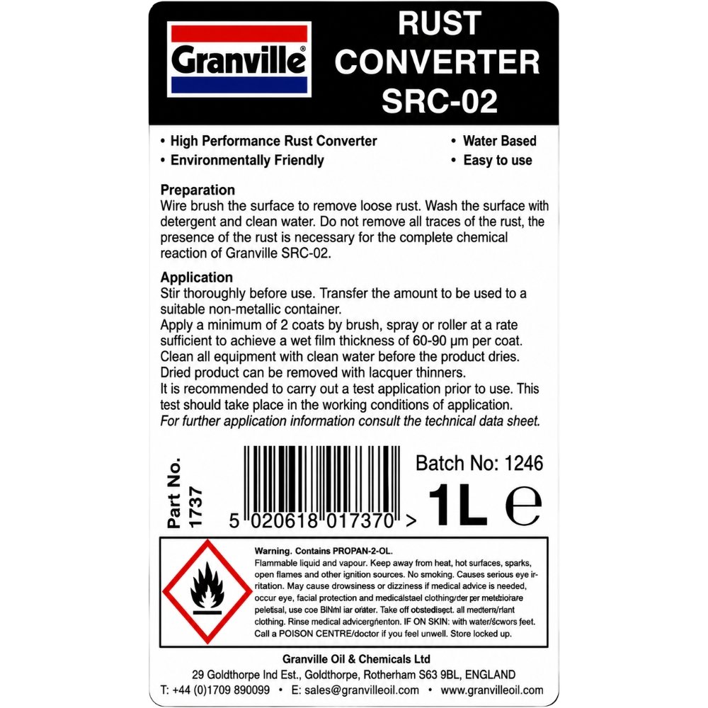 Granville Rust Cure 1 Litre – close-up of front label showing preparation and application instructions for applying the heavy duty rust converter.