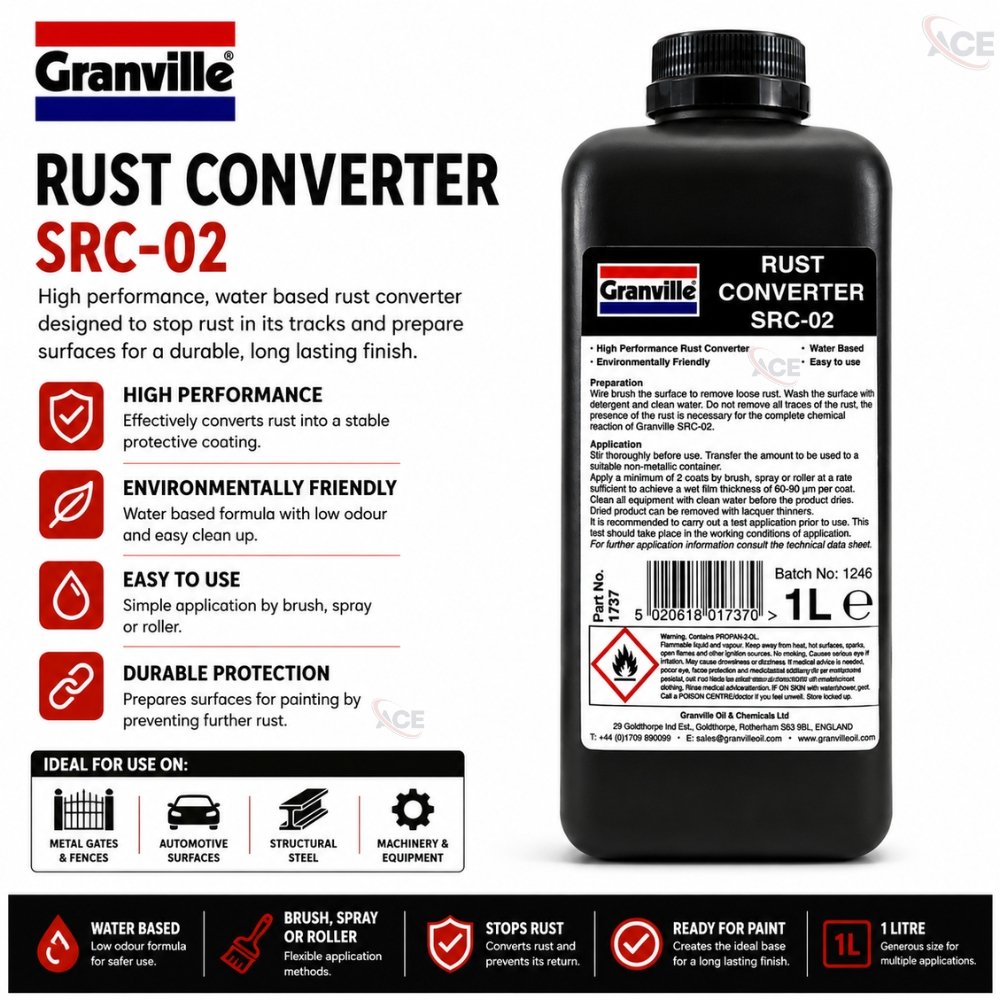 Granville Rust Cure 1 Litre – Heavy duty rust converter that stops corrosion and restores rusted metal surfaces