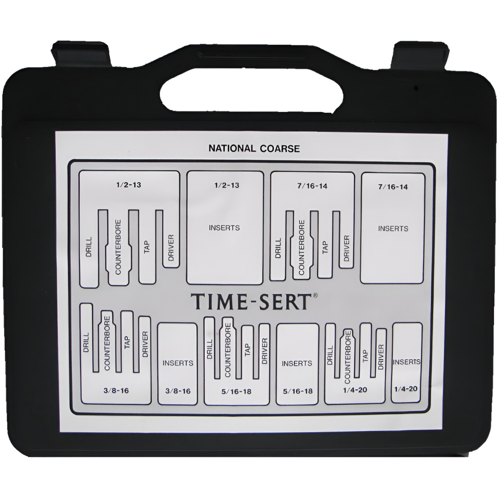 TIME-SERT® Master UNC Thread Repair Kit 1/4–1/2″ – Label showing all included insert sizes and quantities for precise UNC thread repair.