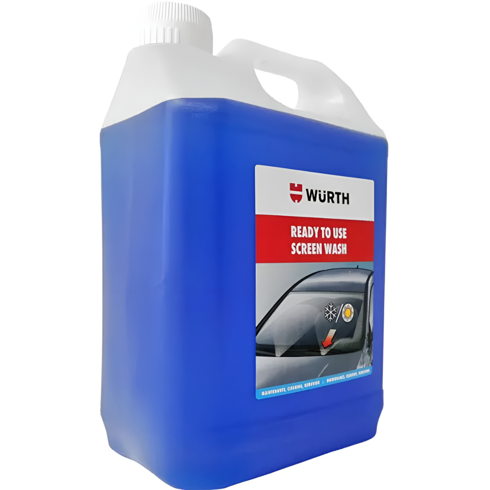 Würth Screen Wash High Performance 5L – Angled view showing container, ready-to-use formula, and key benefits