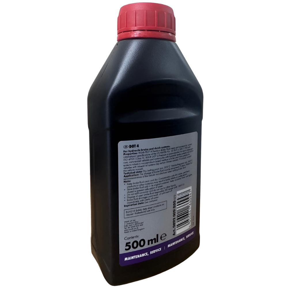 wurth-brake-fluid-dot-4-500ml-angled-back-safety-label Würth Brake Fluid DOT 4 500 ml – Angled back view showing safety label, instructions, and storage information for safe handling and application in hydraulic systems.