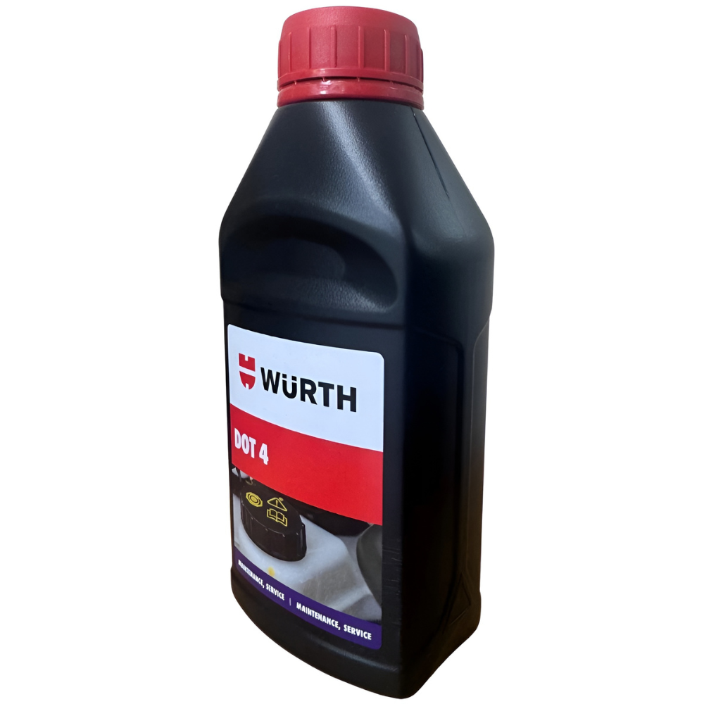 wurth-brake-fluid-dot-4-500ml-angled-front-high-performance Würth Brake Fluid DOT 4 500 ml – Angled front view showing compact design and clear label for easy identification of this high-performance brake fluid.