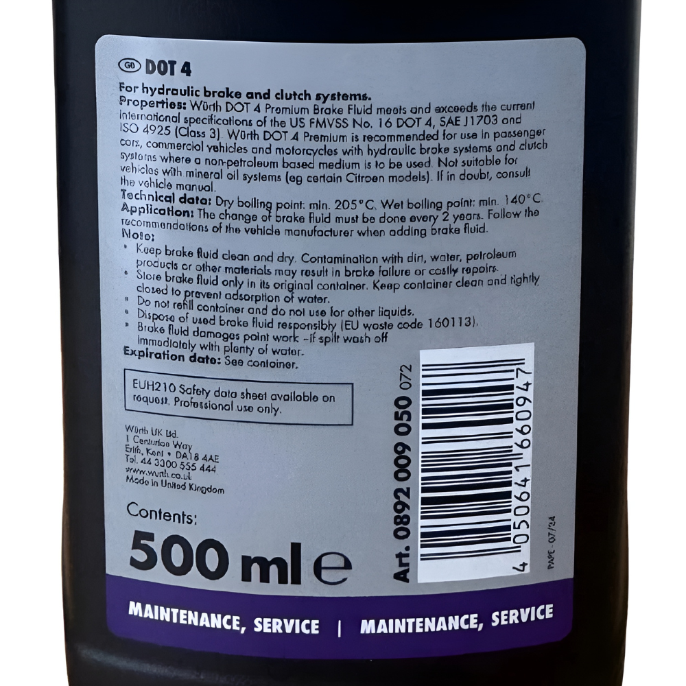 wurth-brake-fluid-dot-4-500ml-back-label-close-up-safety-info Würth Brake Fluid DOT 4 500 ml – Close-up of back label showing detailed safety instructions, usage guidelines, and compliance information for professional automotive use.