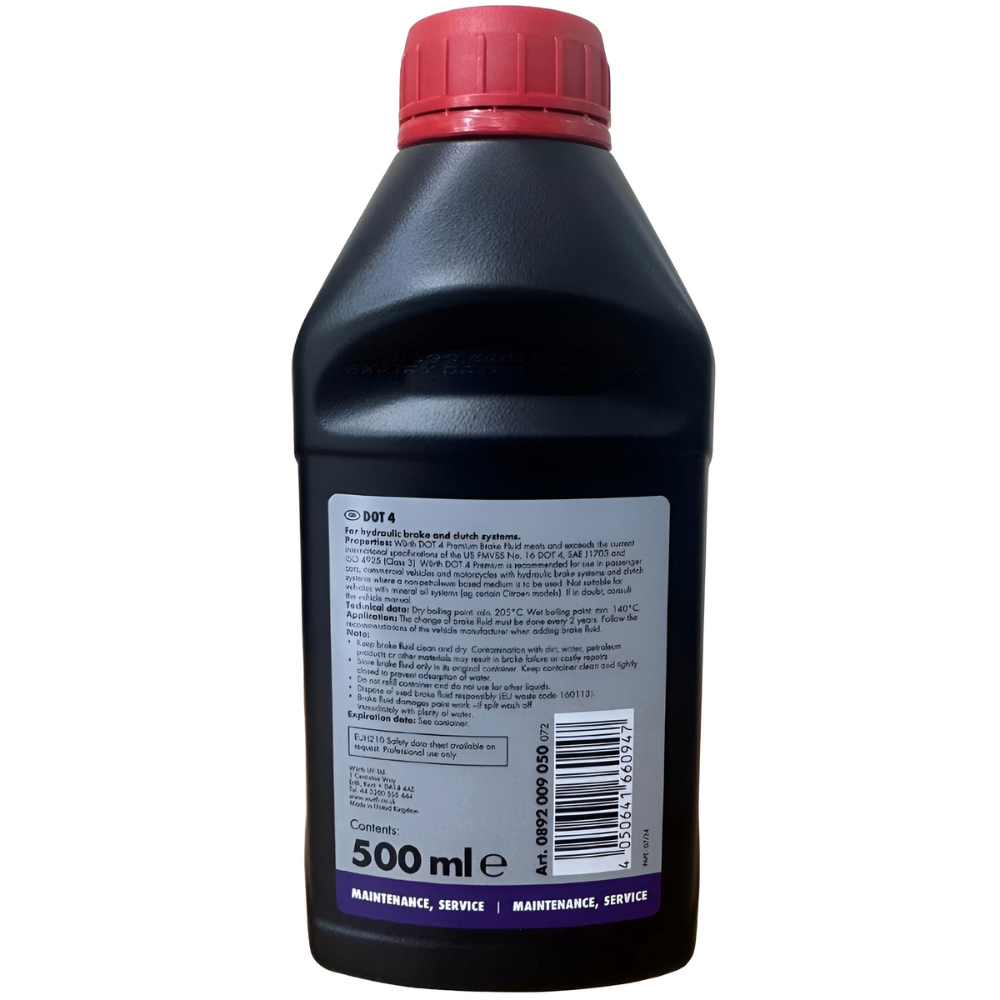 wurth-brake-fluid-dot-4-500ml-back-view-safety-instructions Würth Brake Fluid DOT 4 500 ml – Back view displaying usage instructions, safety warnings, and product specifications for professional brake and clutch system maintenance.