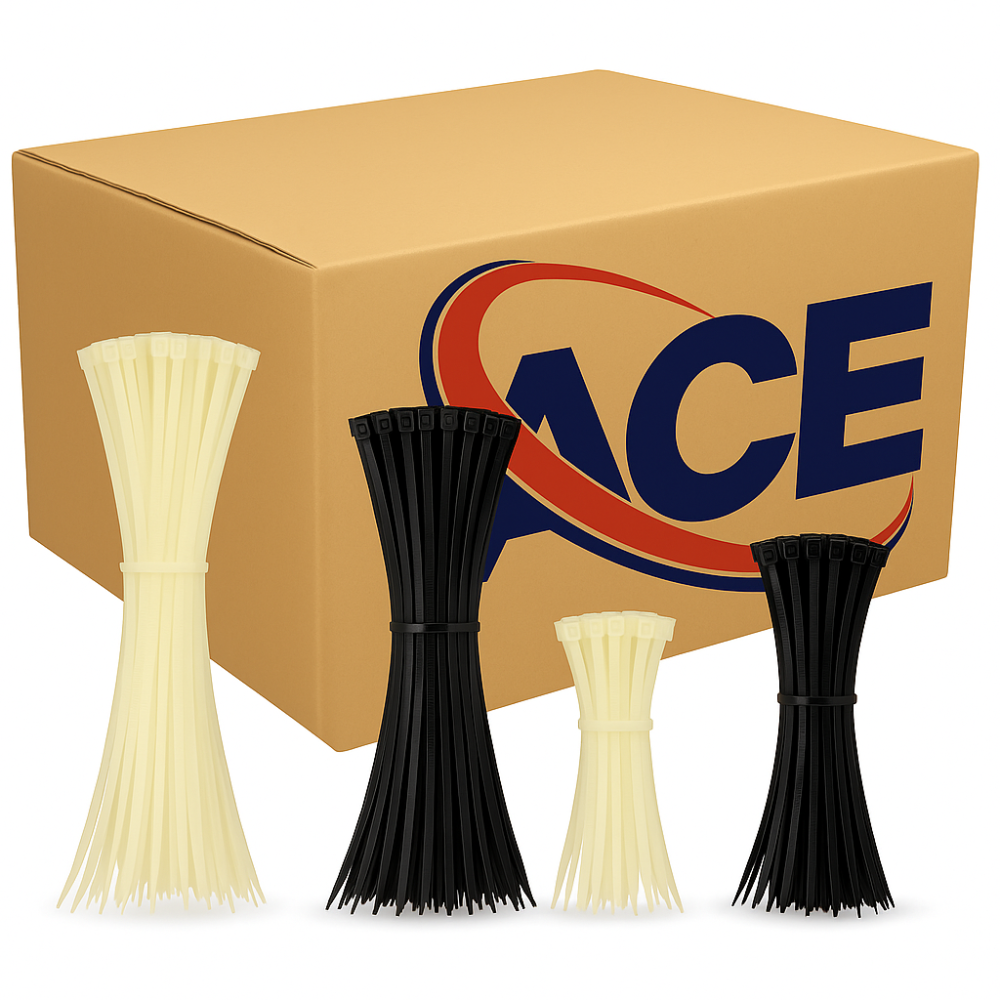 Bulk Cable Ties – mixed sizes in black and natural displayed in front of product box for industrial fastening use.