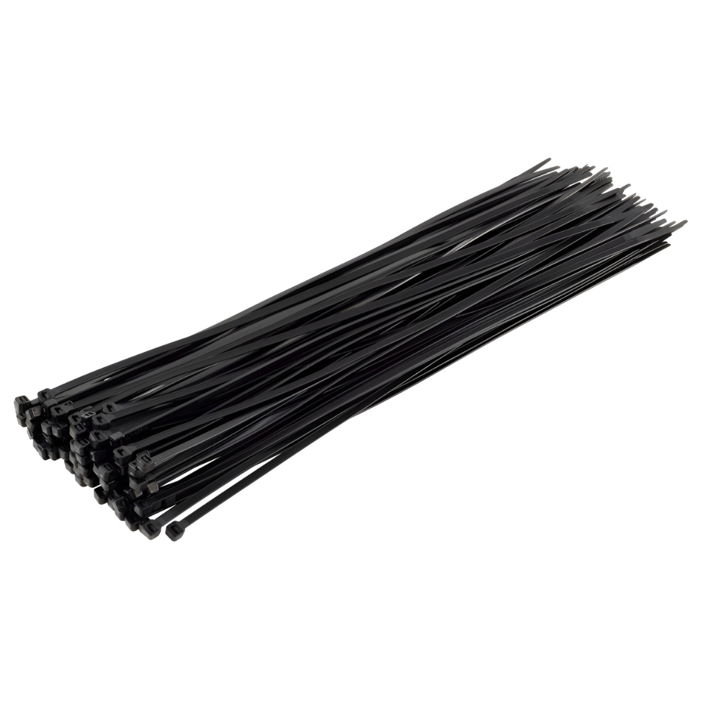 Bulk Cable Ties – bundle of 100 black heavy-duty nylon cable ties for electrical and industrial applications.