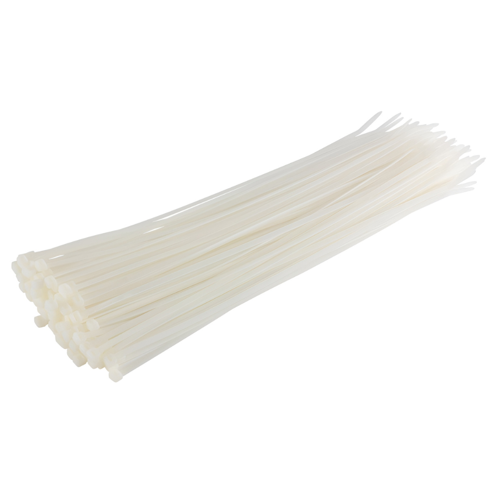 Bulk Cable Ties – bundle of 100 natural heavy-duty nylon cable ties for electrical and industrial applications.
