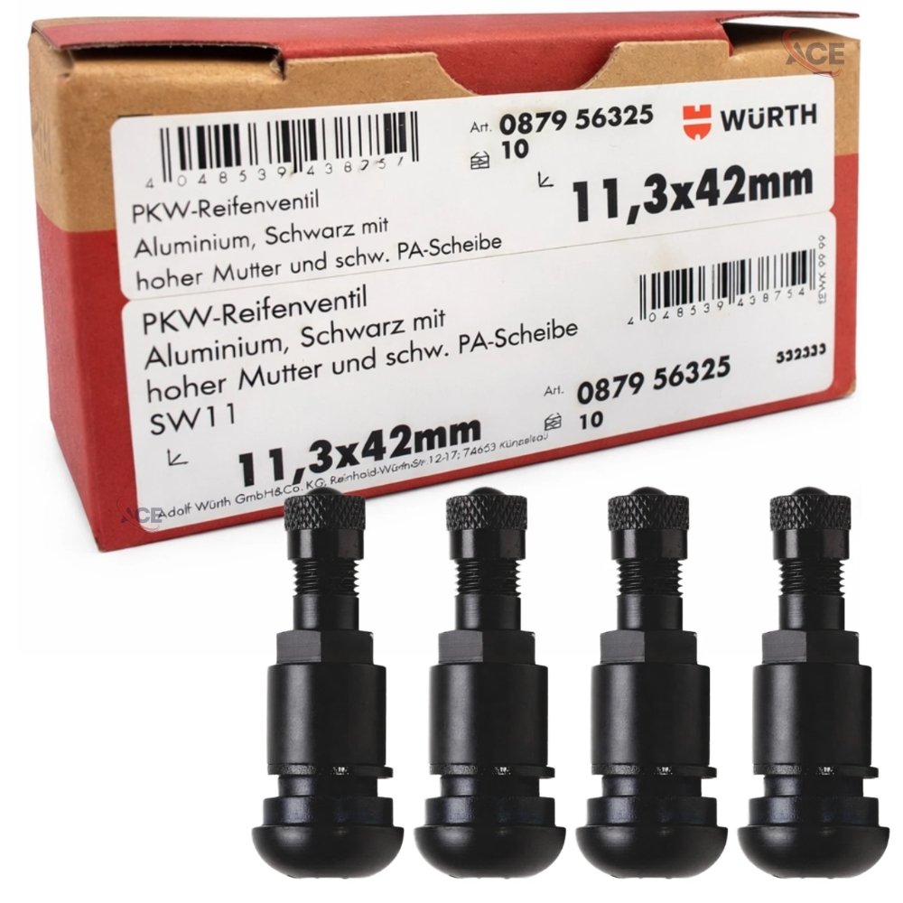 Würth Aluminium Tyre Valves 42mm – Anodised Black, OE Quality for Alloy Wheels – 4 Pack