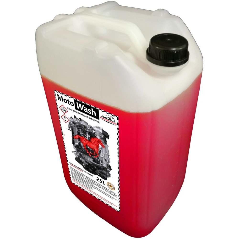 Red engine degreaser in a 25L container, caustic formula 100:1 for superior cleaning performance.