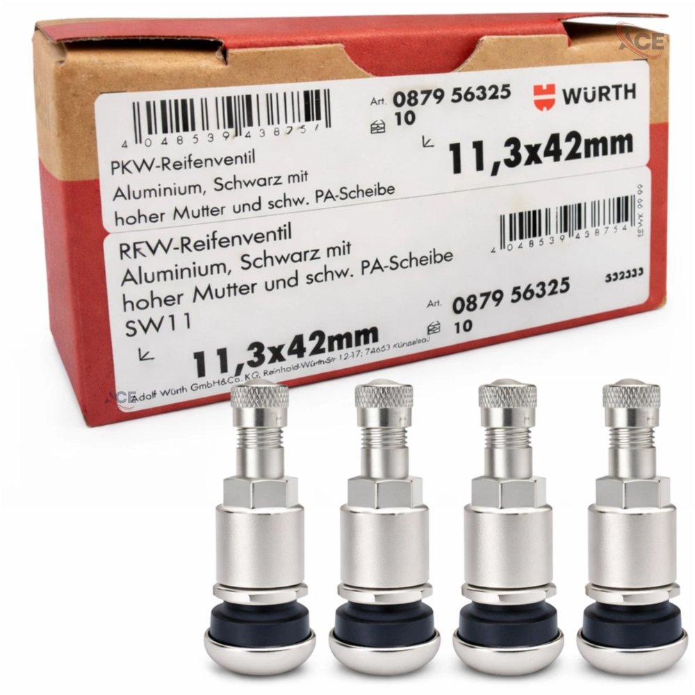 Würth Aluminium Tyre Valves 42mm – Plain, OE Quality for Alloy Wheels – 4 Pack