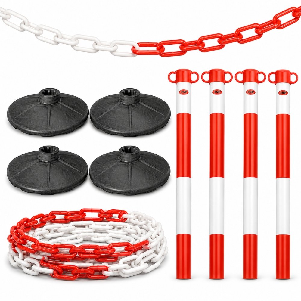 EV Safety Posts & Chains Kit – 9-Piece EV Charging & Maintenance Barrier