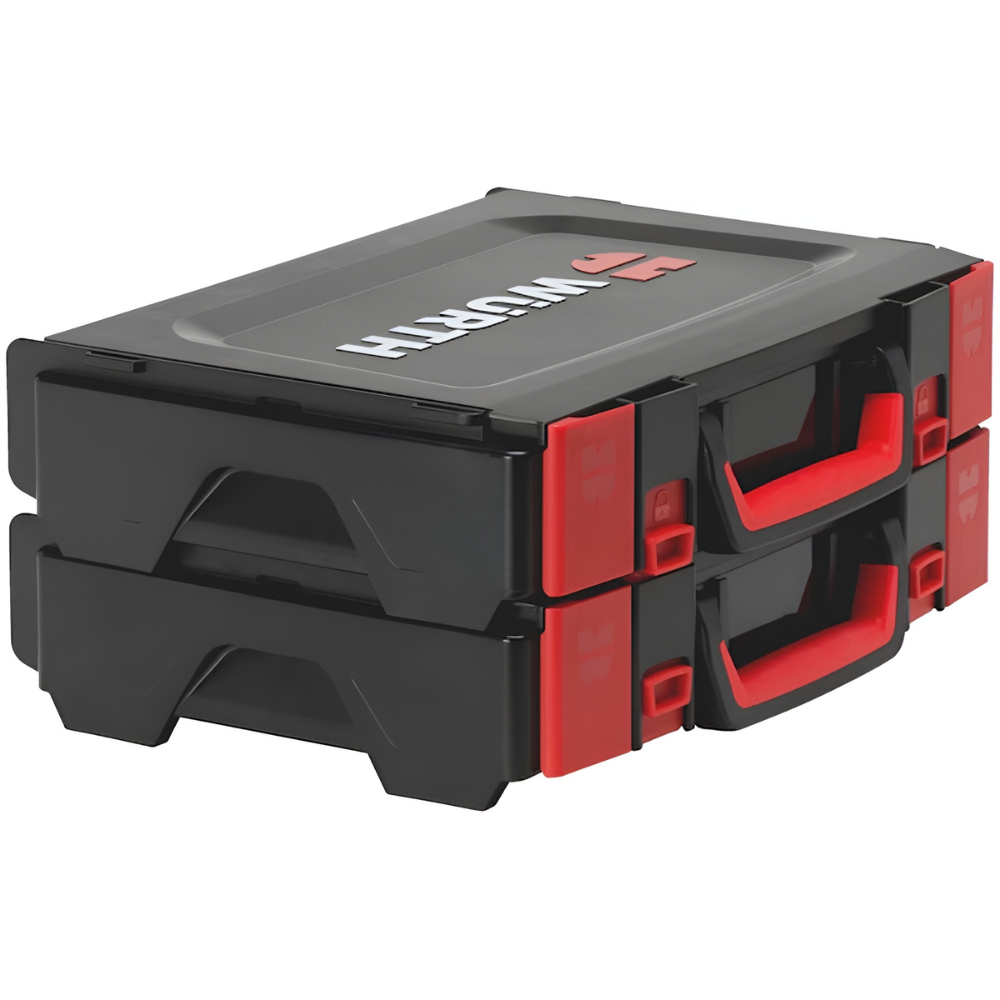 wurth-orsy-system-box-4-4-1-stacked-2-boxes Two Würth Orsy System Box 4.4.1 stacked – modular storage solution for small parts and tools, black ABS