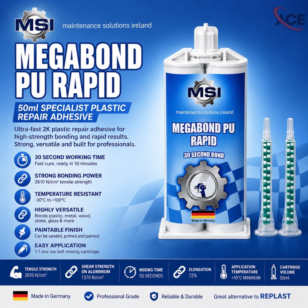 MSI MEGABOND PU RAPID 50ml two-part plastic repair adhesive showing key features including 30 second working time, high strength, paintable finish and temperature resistance.