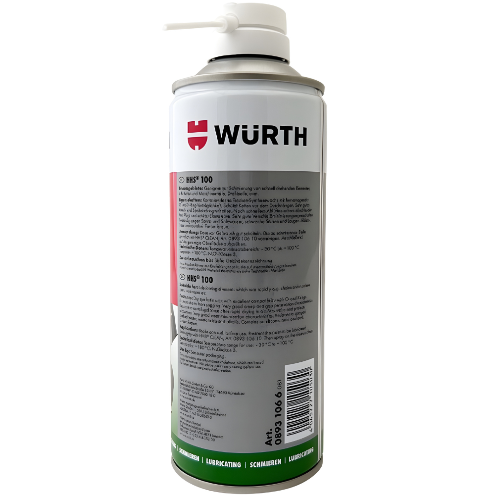 wurth-hhs-100-lubricant-high-performance-dry-spray-400ml-back-instructions Würth HHS 100 Lubricant High-Performance Dry Spray 400ml back view showing application instructions and usage guidelines for industrial and automotive parts