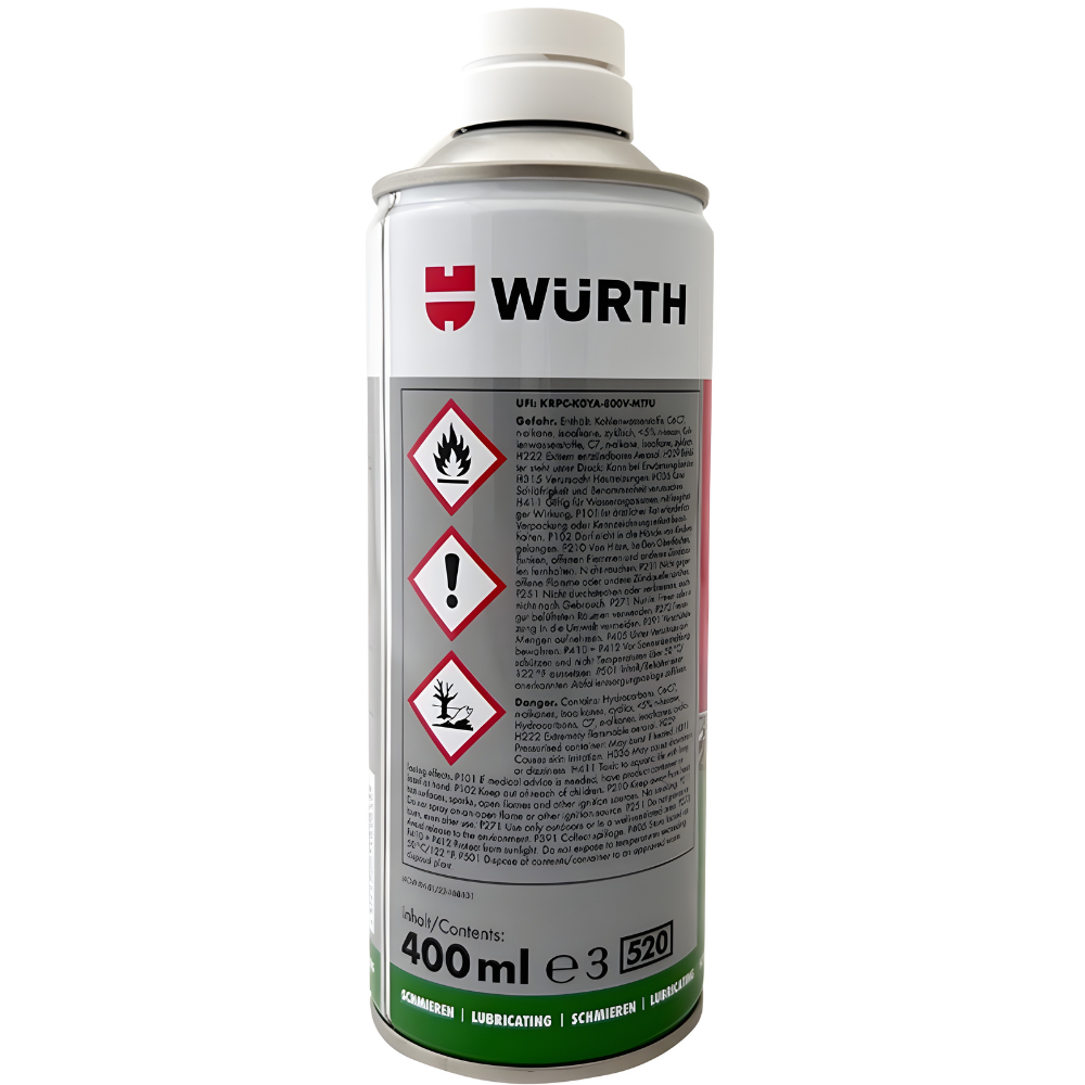 wurth-hhs-100-lubricant-high-performance-dry-spray-400ml-back-technical Würth HHS 100 Lubricant High-Performance Dry Spray 400ml back view showing technical specifications, composition, temperature range, and performance details