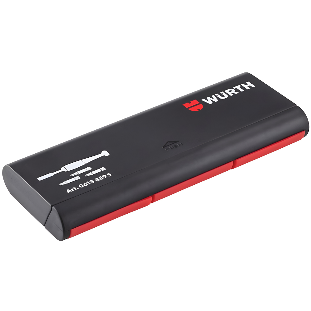 wurth-precision-screwdriver-set-29pcs-angled-closed Angled closed view of Würth Precision Screwdriver Set 29 PCS compact case for portable precision tools.