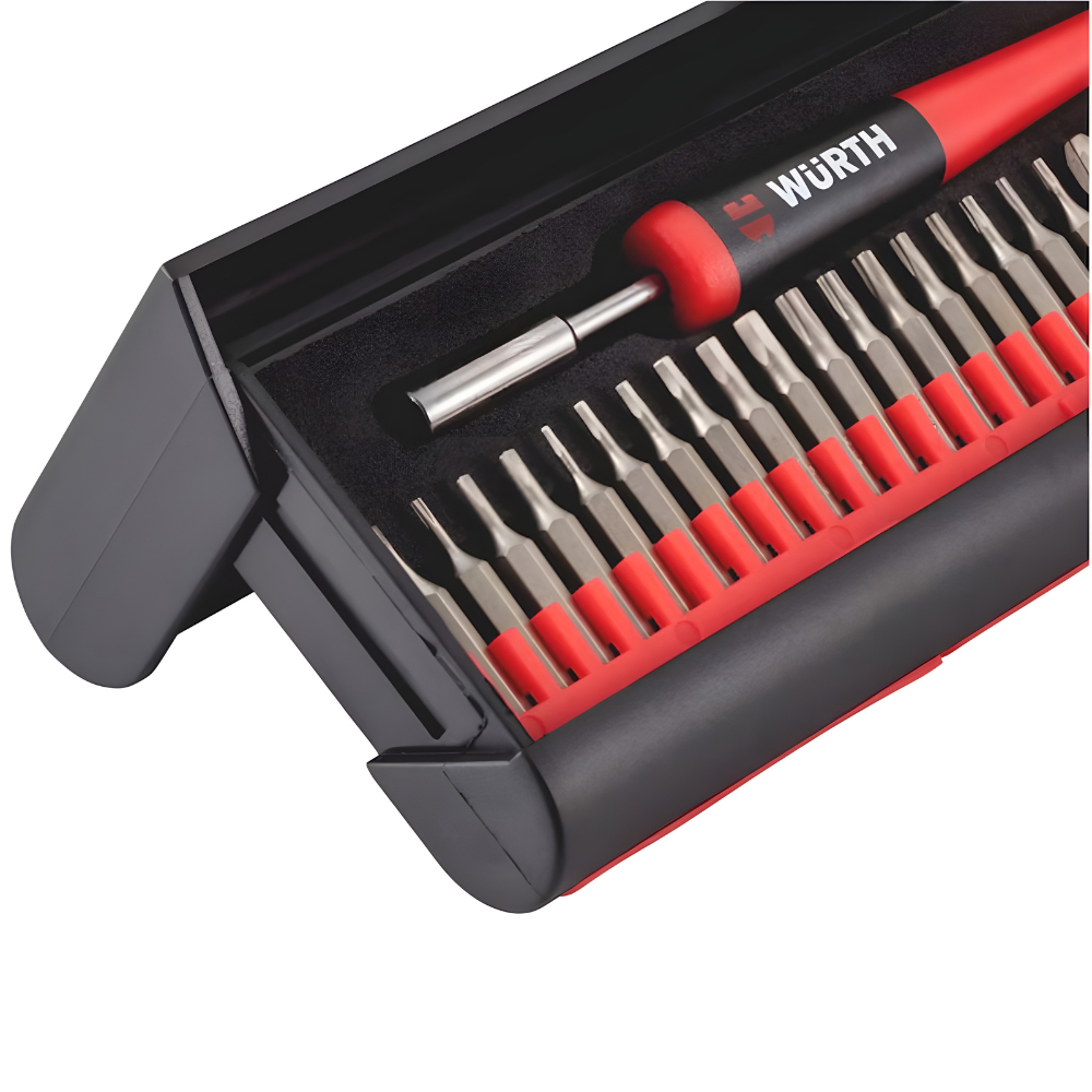 wurth-precision-screwdriver-set-29pcs-side-closeup Close-up side view of Würth Precision Screwdriver Set 29 PCS highlighting screwdriver handle and precision bit quality.
