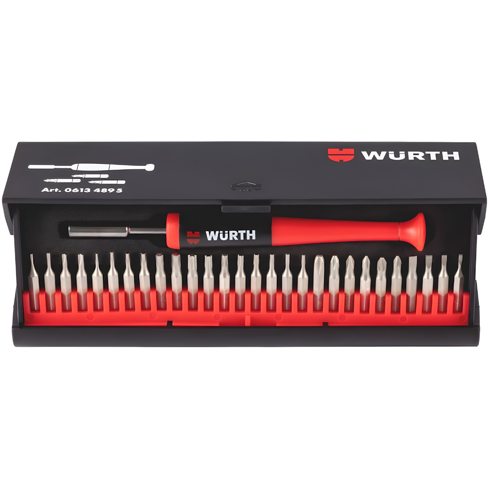wurth-precision-screwdriver-set-29pcs-front-open Würth Precision Screwdriver Set 29 PCS front open view showing screwdriver and precision bits for electronics and engineering.