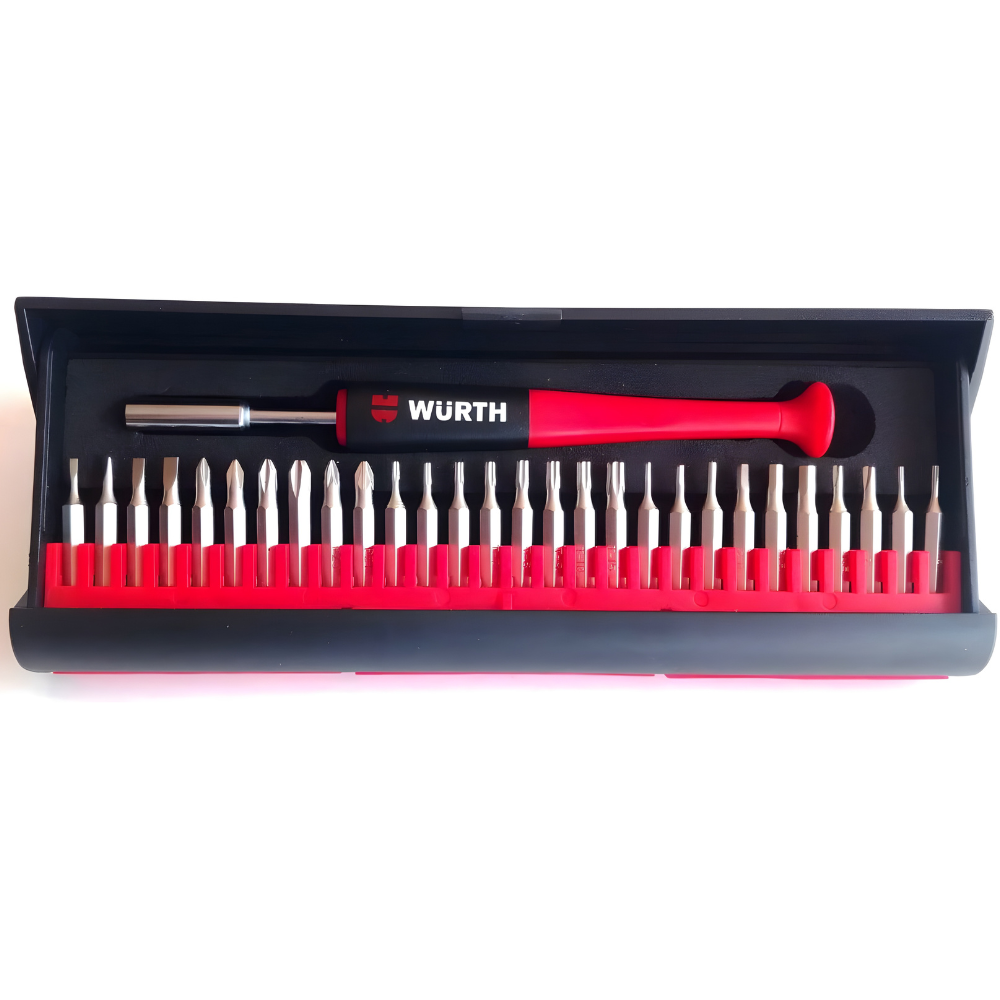 wurth-precision-screwdriver-set-29pcs-front-open Würth Precision Screwdriver Set 29 PCS front open view showing screwdriver and precision bits for electronics and engineering.