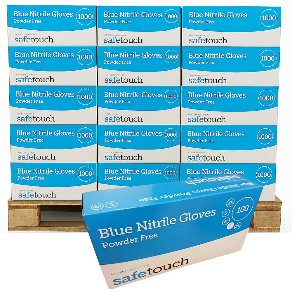 SafeTouch blue nitrile bulk disposable gloves in boxes of 100, 80 cases on a pallet, ideal for industrial and healthcare use, providing durable hand protection.